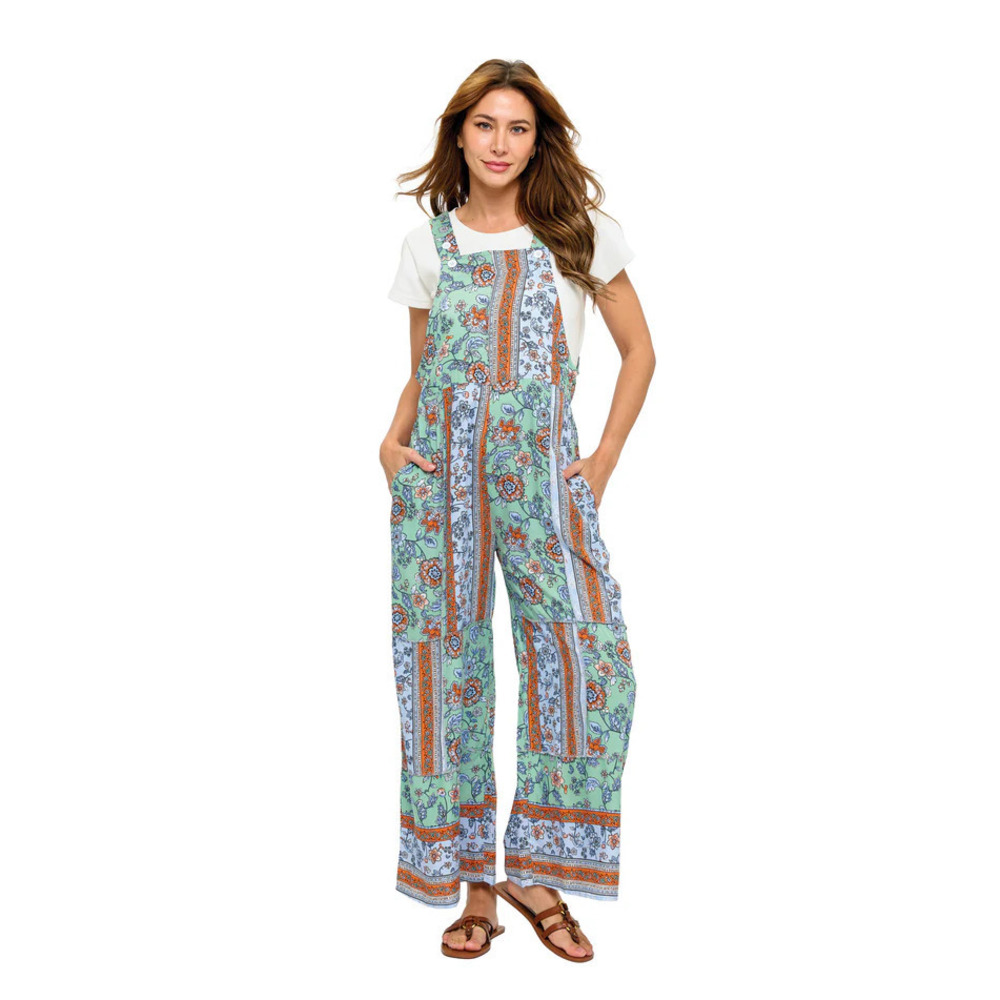 Floral Patchwork Wide-Leg Jumpsuit - Mint